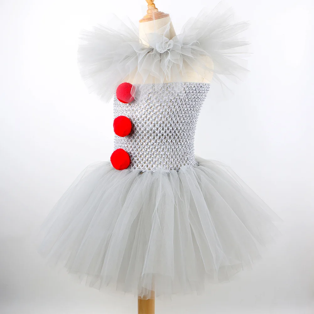 Kids Girls Creepy Clown Fancy Costume Gray Tulle Tutu Dress Cosplay Outfit for Halloween Carnival of The Dead Stage Party Wear image 4