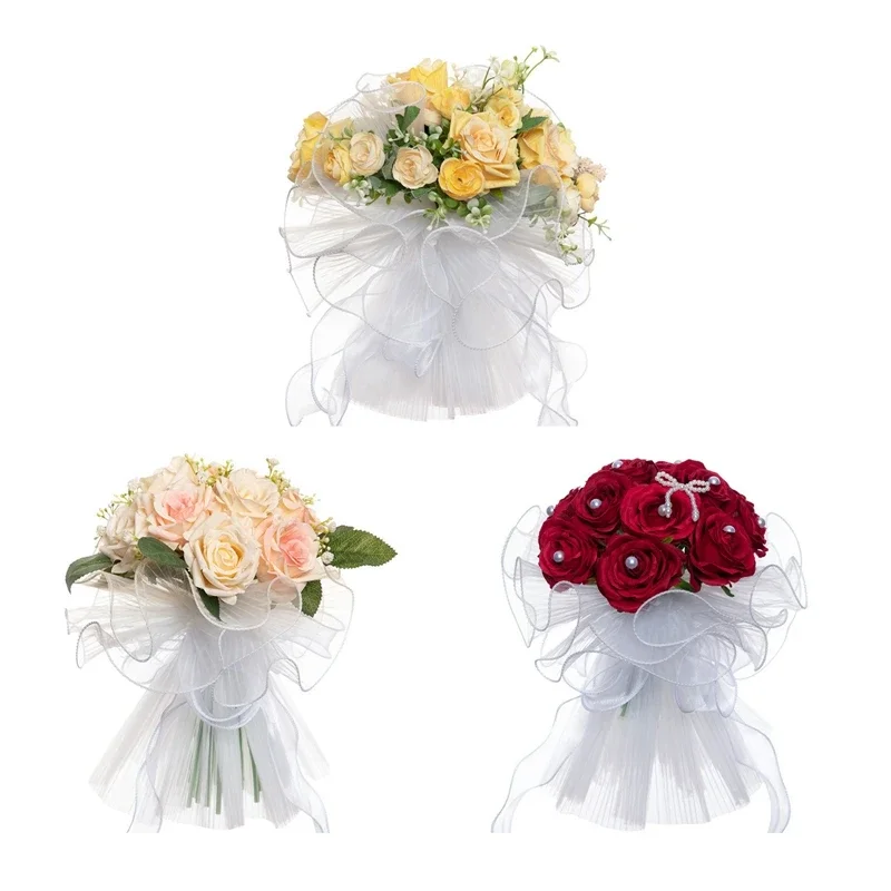 

Wedding Bouquets for Bride Babysbreath Rose Bridesmaid Bouquets Silk Ribbon Valentine's Day Decoration Pearl Lace Mesh Ball Gift