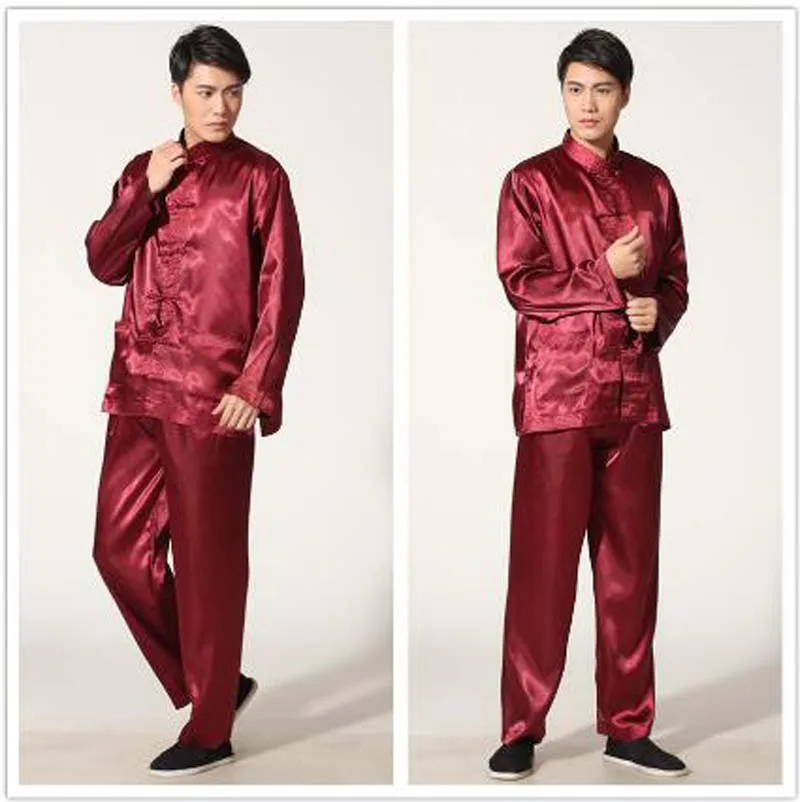 Chinese Traditional Kung Fu Suit Men High Quality Satin Tang Pajamas Casual Home Gown Male Solid Wu Shu Sets Jacket+Long Pants