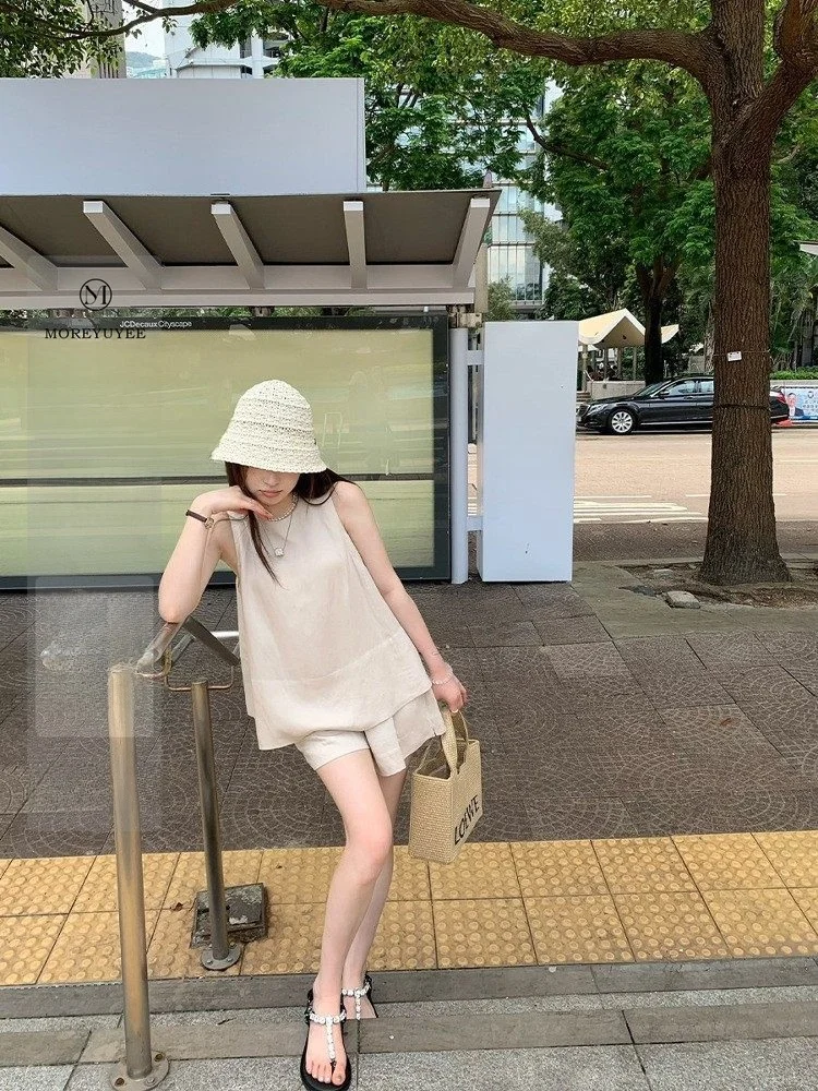 

Комплект YUYEE: японский повседневный удобный комплект из жилета и шорт А-силуэта с круглым вырезом для женщин