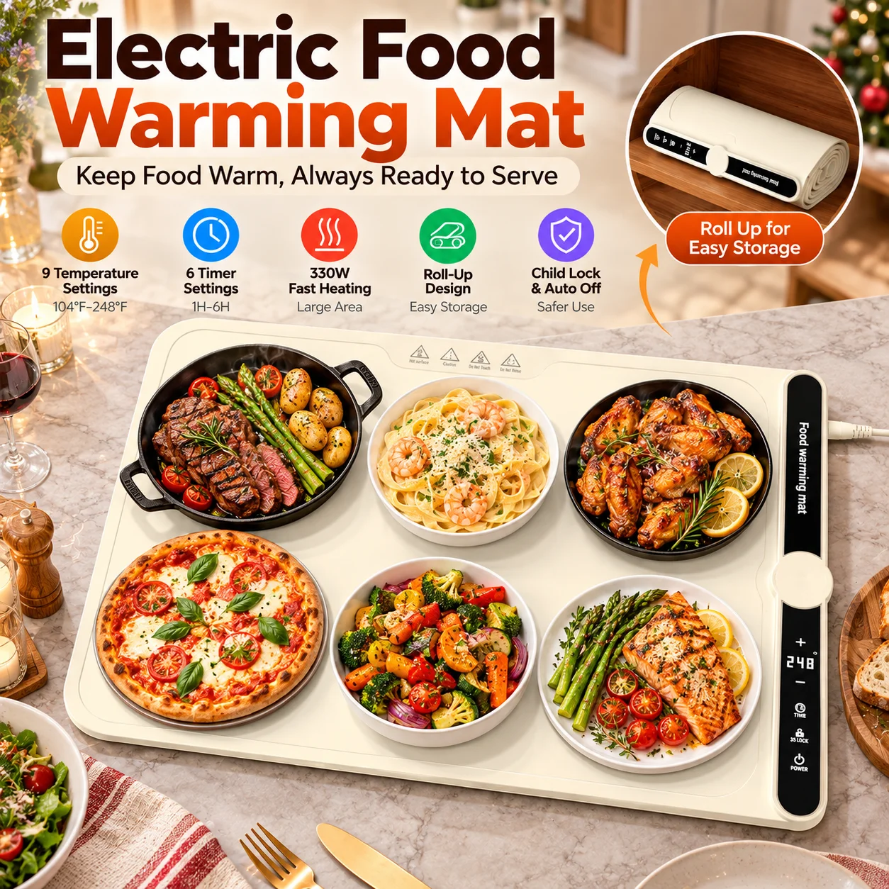 Electric Food Warming Mat 330W, 23.6 x 15 Inch Roll-Up Warming Tray with 9 Temperature Settings for Christmas Party Buffet