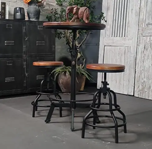 33.5-39.4' Adjustable Industrial Bar Table, 23.7' Round Wood Top, Metal Base