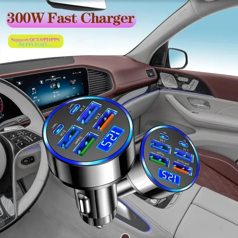 300W 6 Ports Car Charger Fast Charging PD30W/QC3.0/SCP/FCP/AFC/PSS Car Cigarette Lighter Flash Charge with Digital Display