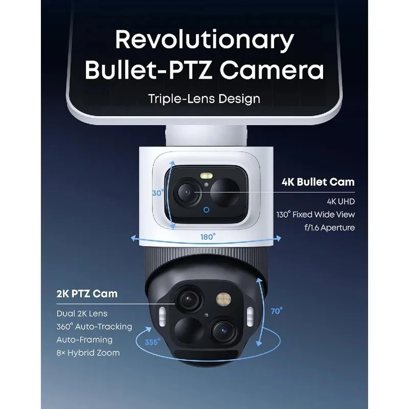 Outdoor Solar‑Charged 4K Triple‑Lens Bullet‑PTZ Camera, Wire‑Free Surveillance Cam, 360° Panoramic Monitoring, 8X Auto Zoom, Sma