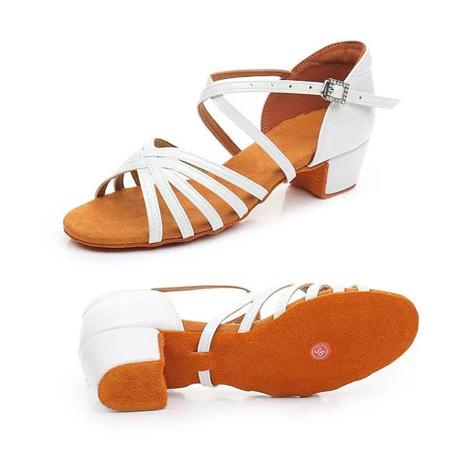 New White Leather Girl Ballroom Dance Shoes Children Low Heel Ladies Women Latin Dance Shoes Kids Professional Dancing Shoes