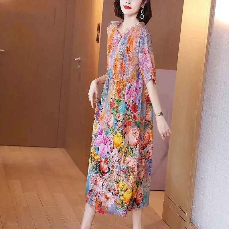 Elegant Floral Genuine Silk Dress 2024 Summer New Loose-Fit Slimming Mulberry Silk Long Dress For Beach Outfits