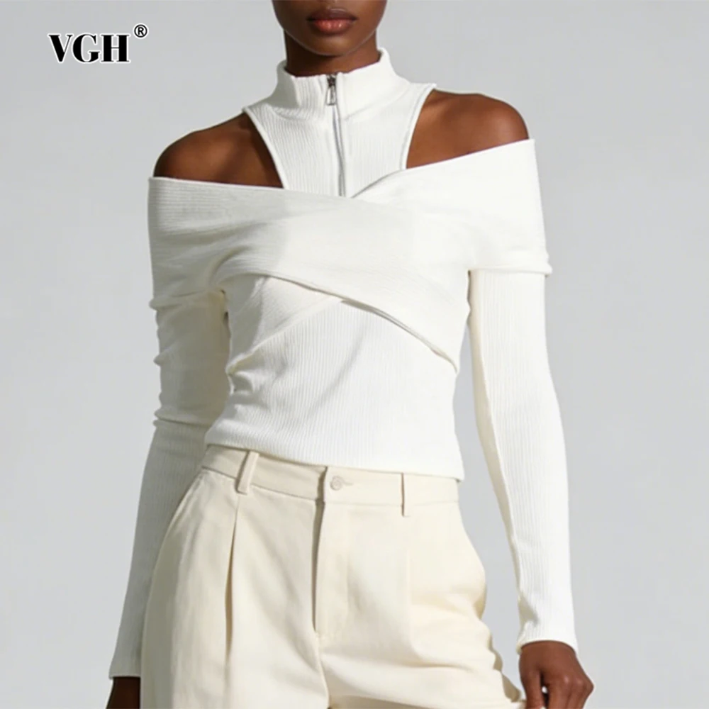 

VGH Solid Slim Fit Hollow Out Personality Secy Sweaters For Women Round Neck Long Sleeve Autumn Design Sense Sweater Female New