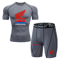 Honda Red Wing Logo Men's Running T-shirt, Fitness Sports Color Two-piece Set, Training Sports Clothing Summer Men's Sports Suit