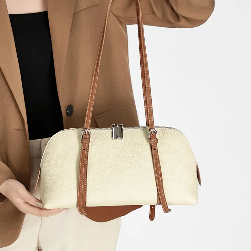 

Genuine Leather Shell Bag for Women Minimalist Zipper Shoulder Bag with Adjustable Strap Casual Tote Handbag for Daily Commute