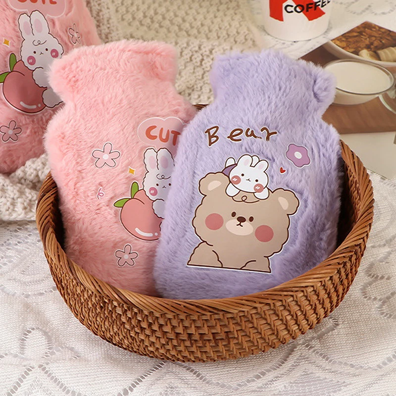 Cute Hot Water Bottle Bag for Girls Rabbit Bear Plush Shoulder Hand Warmer Portable Student Water Filling Winter Warm Water Pack