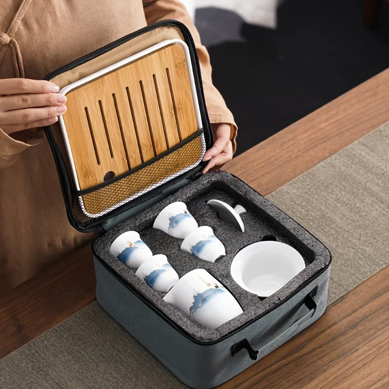 Ceramic Chinese Kung Fu Tea Set，Suitable For Travel Camping Portable  Gaiwan Tea Tray With 4 Tea Cups，tea infuser view 2