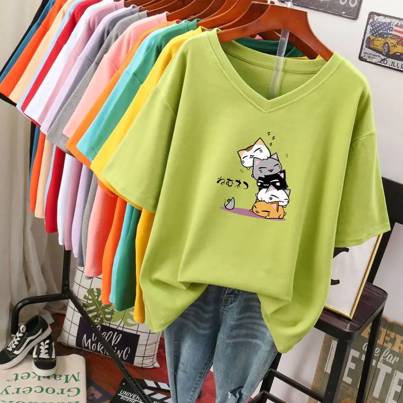 Plus Size 5XL 140KG Summer Cotton T Shirt For Women Kawaii Cat Tees Short Sleeve V Neck Large Tops Oversized Tees