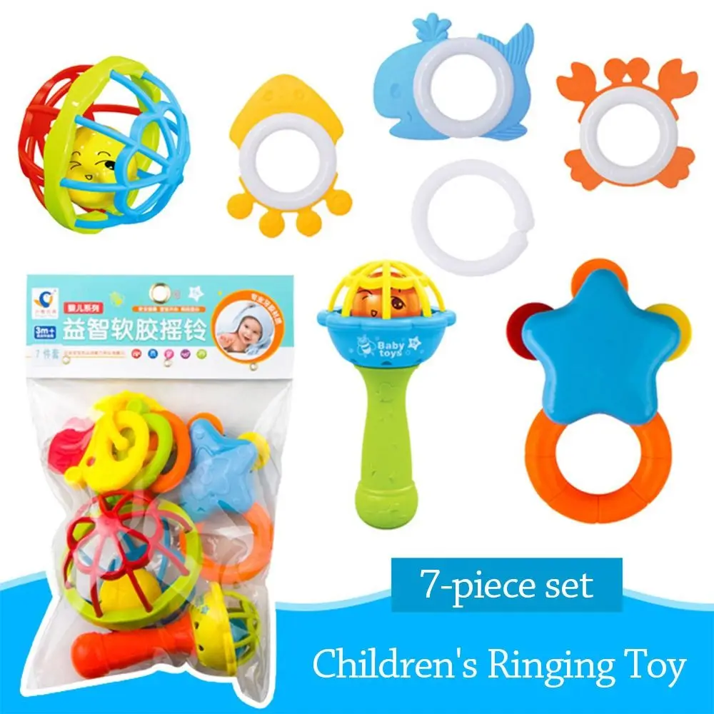 7pcs/set Cartoon Colorful Rattle Interactive Intelligent Teether Soft Cute Hand Jingle Bells Accessories