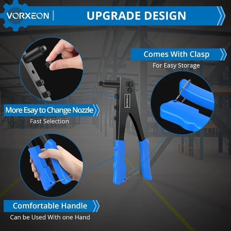 ヘビーデューティーハンドリベッターツールキット、プロ仕様ポップリベットガン、100個のリベットと4種類のノーズピース（サイズ3/32、1/8、5/32、3/16）付き