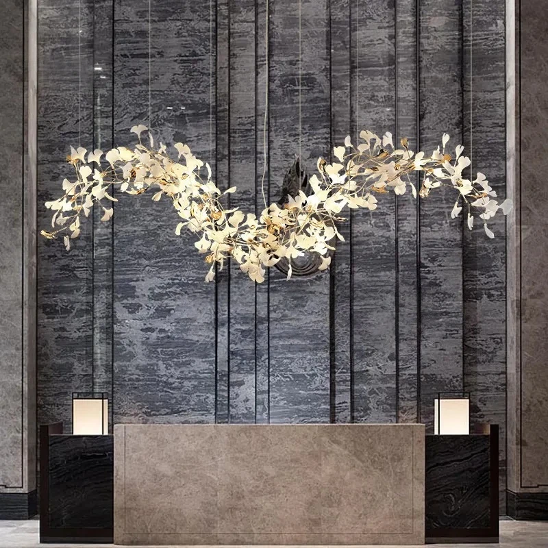 

Designer Ginkgo Leaf Lighting Staircase Living Dining Room Ceramics Gold Leaf Hanging Chandelier Bar Pendant Light Artistic