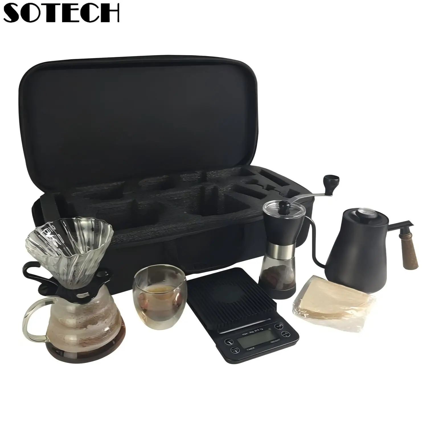 Pour Over Coffee Maker Portable Outdoor Travel Camping Coffee Set with Steel Kettle Manual Grinder Glass Cup Filter Paper Gift