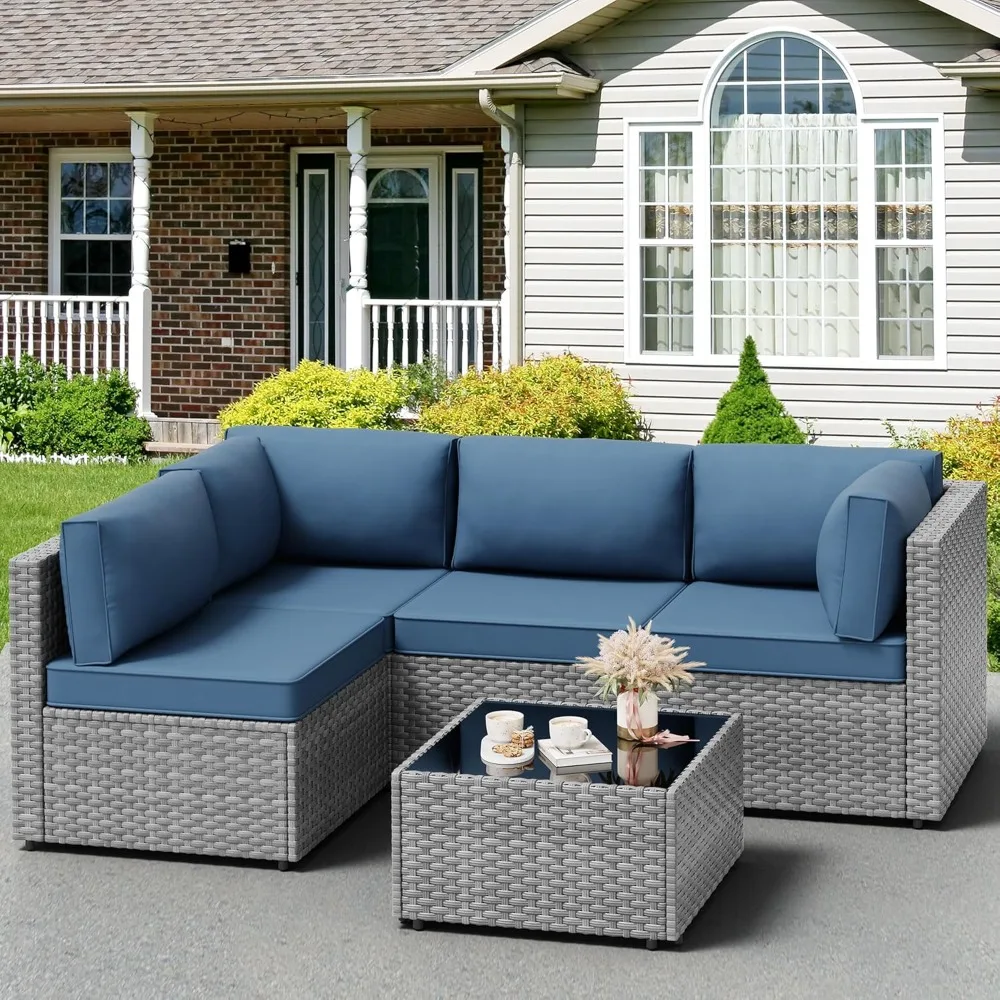 5 Piece Outdoor Patio Furniture Set, PE Rattan Conversation Sofa Set with Thick Cushions & Glass Top Coffee Table, All-Weather