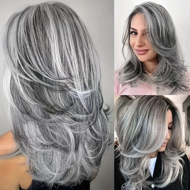 

European and American Style Wig for Women, Gray Middle Part Long Curly Hair, Fashionable Synthetic Hairpiece, Multi-Layered Fluf