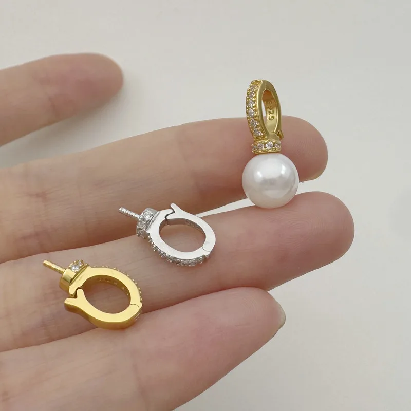 1PCS Solid 925 Sterling Silver Pendant Clasp with Stones Empty Pearl Adhesive DIY Crystal Accessories Making Components