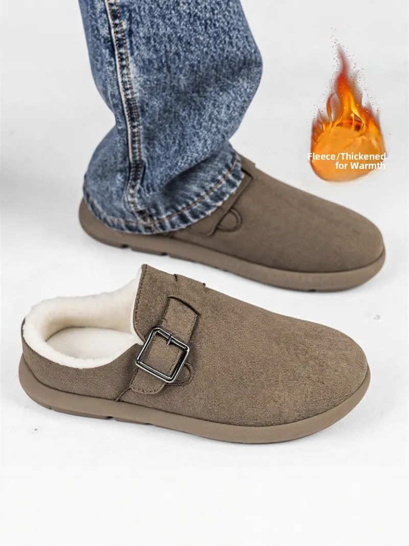 Men's Cotton Slippers Winter Thickened Warm Fleece Lined Mules Slip on Office Casual Cold Proof Bken Shoes Synthetic Leather