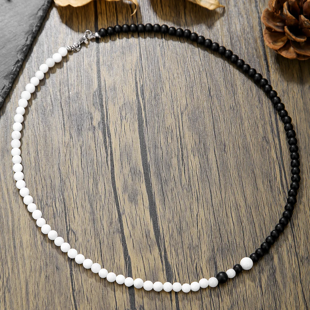 Meetvii Trendy Yin Yang White Black Stone Necklaces Vintage Small Wood Beads Short Choker Autumn Winter Non Fading Male Jewelry