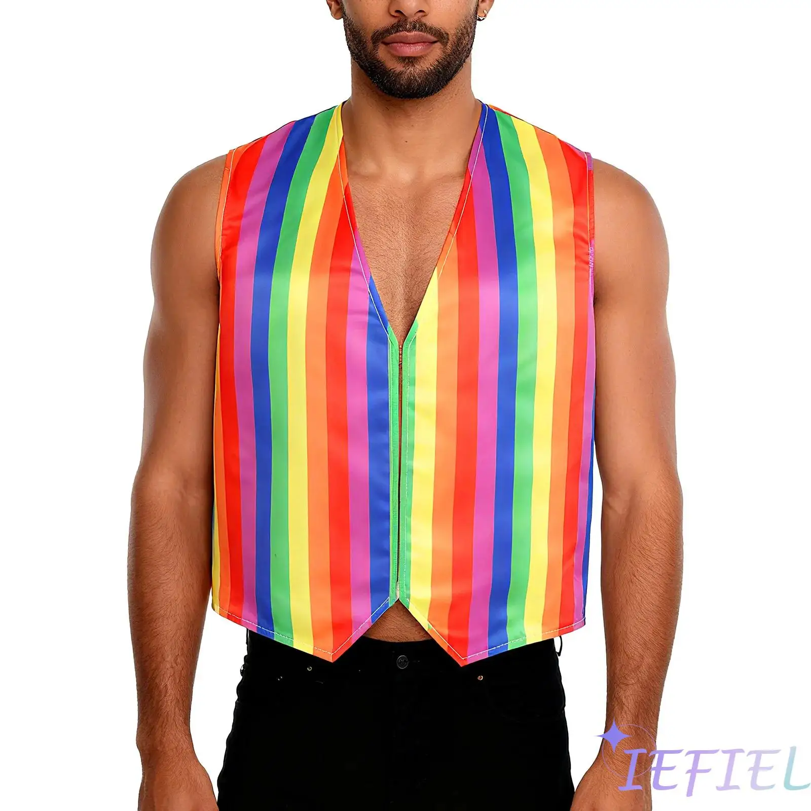 

Mens Circus Clown Rainbow Striped Vest V Neck Sleeveless Open Front Pointed Hem Tank Tops Waistcoat for Dress-up Party Raves