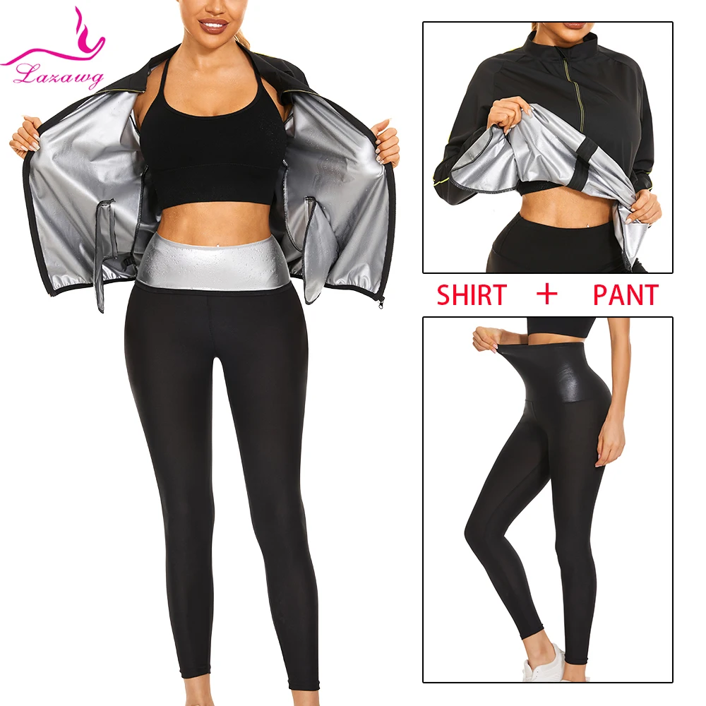 LAZAWG Women Sauna Suit Sweat Set Weight Loss Pant Jacket Slimming Top Workout Leggings Trousers Body Shaper Fitness Fat Burner