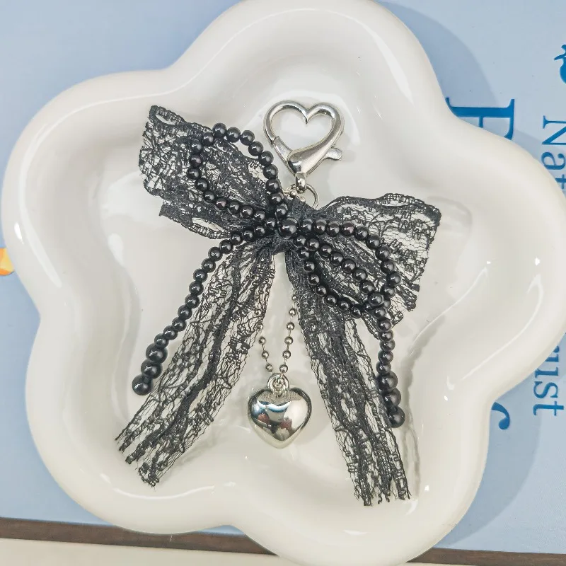 Silver Bow Keychain Holder with Lace Pearl Heart Design Ins Bag Charm Cute Girls Accessory for Purse Backpack Earphone Phone