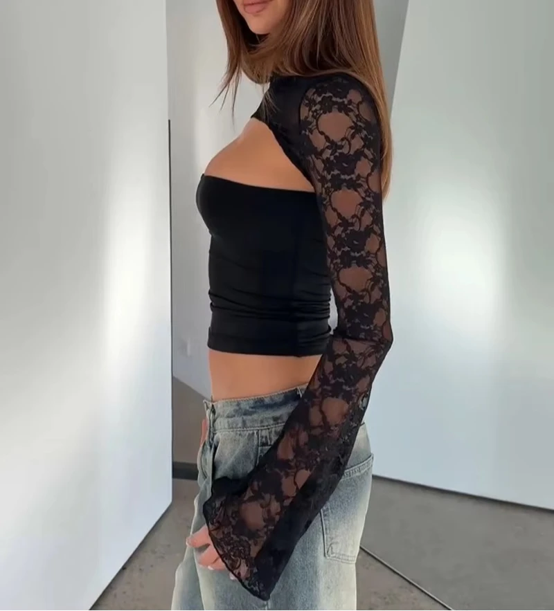 Sexy Lace Hollow Out Top Women Fashion Long Sleeve Tees Shirt Y2K Clothes Spring Summer Female Slimming Tube Top Pullovers