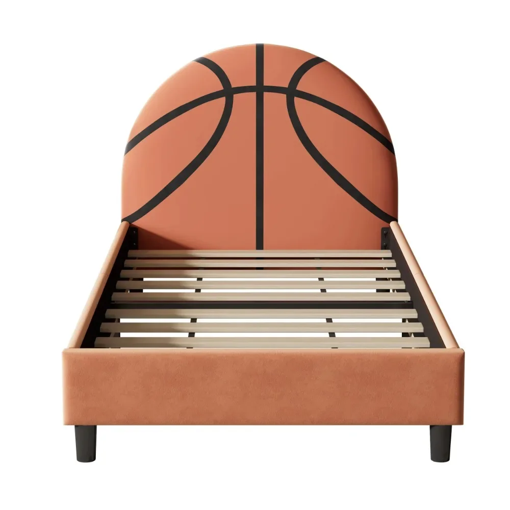 

Modern Basketball Design Upholstered Twin Platform Bed Sport Style Bed for Boys & Girls, Teens, Orange, Children Beds