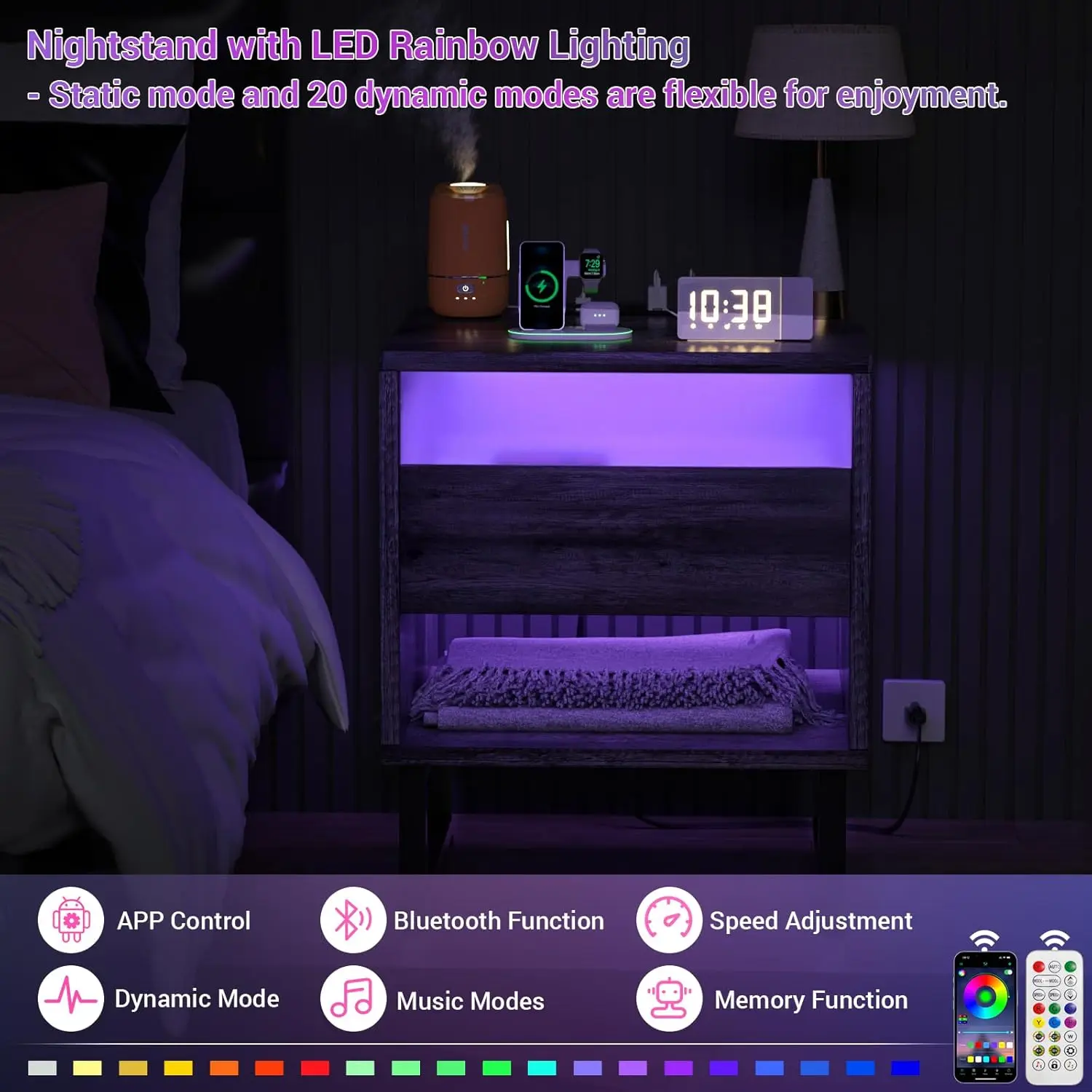 LED Nightstand com estação de carregamento Night Stand com estação de carregador Mesa de cabeceira, Mesas finais, Quarto, Modern Night Stand with Wipe