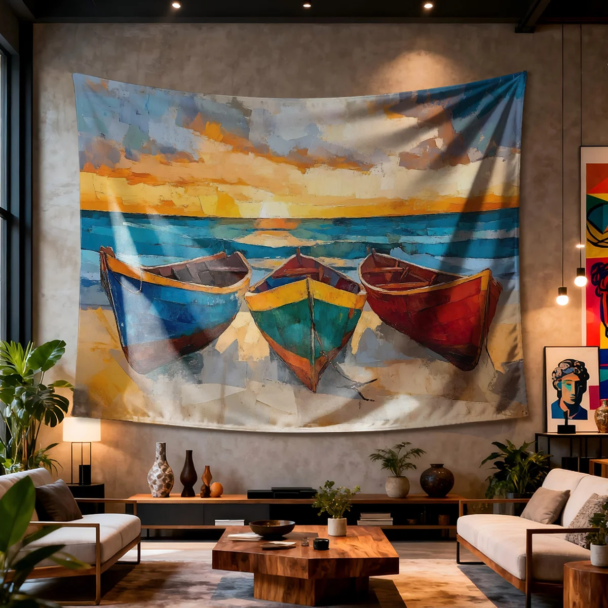 Boat Tapestry, Ocean Beach Wall Hanging, Colorful Boat Seascape Art, Sunset Shore Decor Boho Aesthetic Poster for Bedroom Living