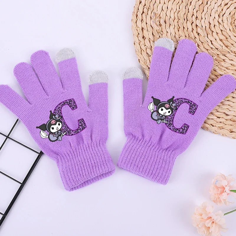 Kuromi-guantes de A-Z con letras para niñas, guante de pantalla táctil de Anime Sanrio, ropa cálida de invierno, accesorios para niños, regalo de Navidad