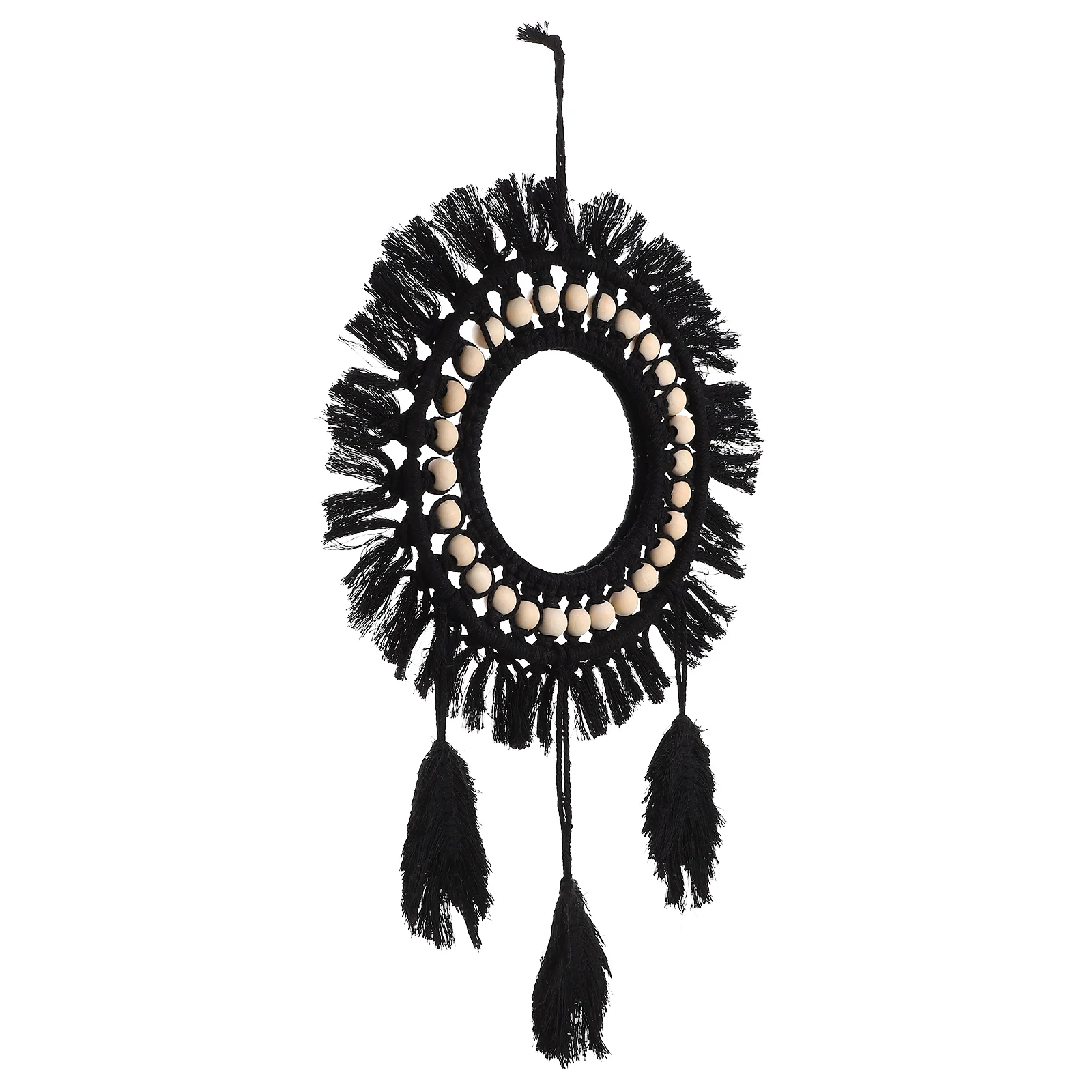 

Bohemian Wall Mirror Decor Wooden Bead Tapestry H made Hanging Black Woven Decorative Home Dorm Office DIY Craft