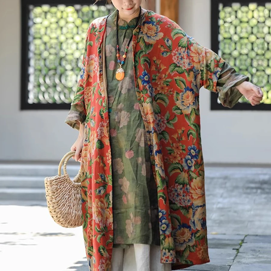 LZJN Women's Spring 2025 New Style National Style Retro Printed Pure Cotton Cloak Large Size Mid Length Zen Style Outerwear