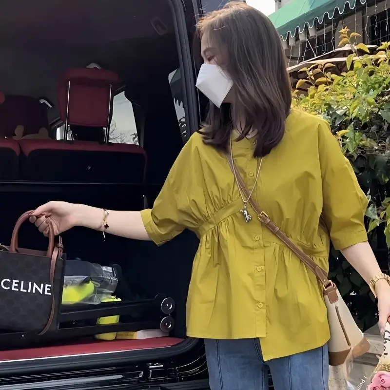 

Summer 2026 Women's Loose Fit Short Sleeve round Neck Splice Design Shirt Asymmetrical Slimming Effect Casual Commute Style