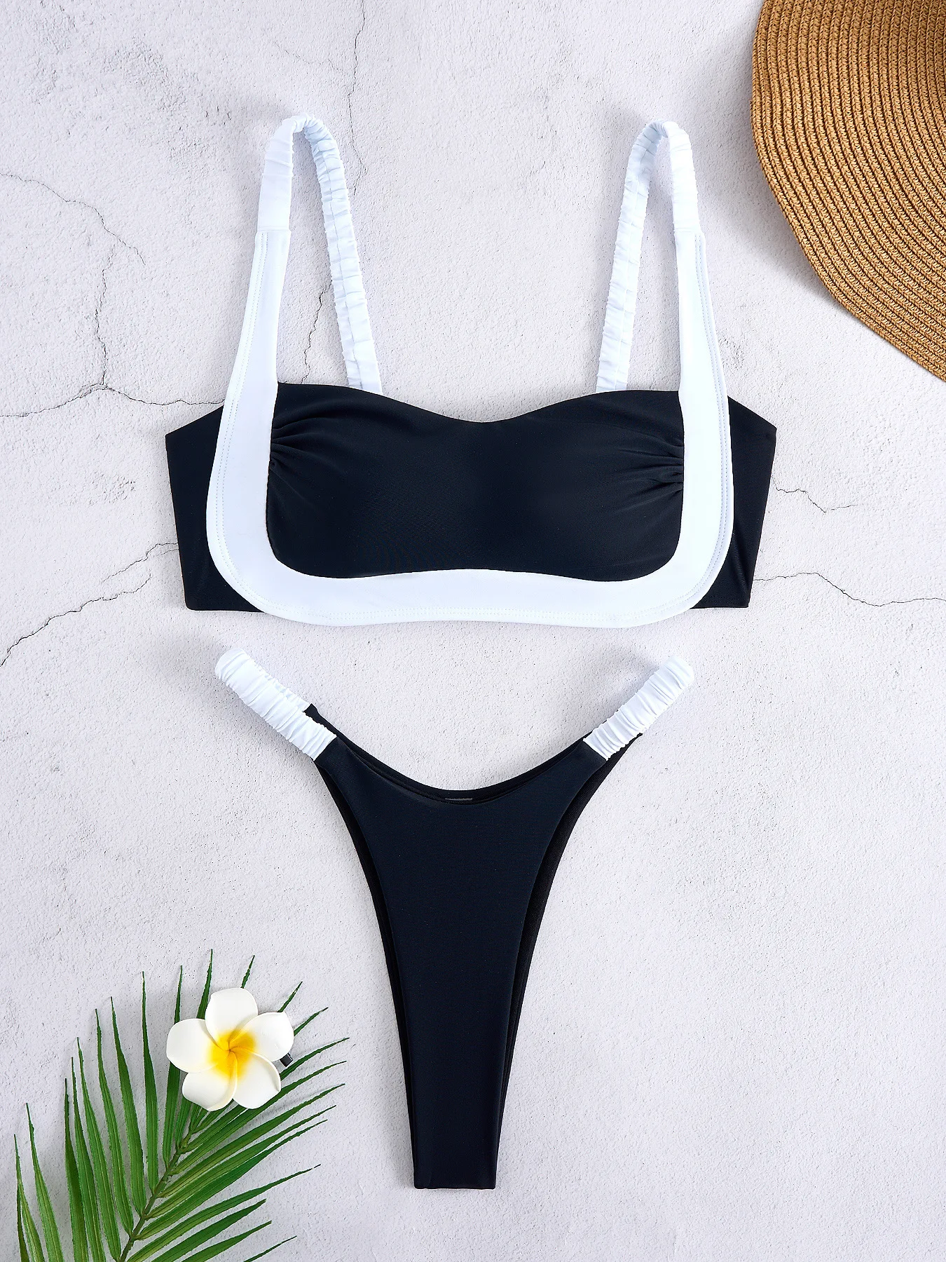 

Women's Black & White Contrast Bikini Set with White Straps and Sexy Backless Design Summer Holiday Two Piece Panties Thongs Set