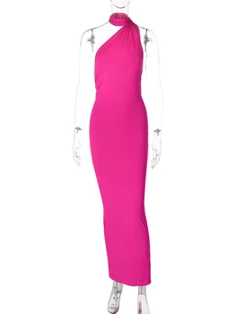 Hugcitar One Shoulder Backless Adjustable Scarf Loop Ruched Sexy Maxi Dress Women Elegant Y2K Streetwear Festival Outfit 6