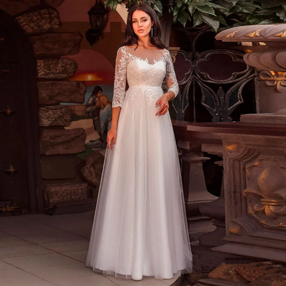 Personalizado tule a linha gravida vestido de casamento 3/4 manga colher pescoço apliques até o chão renda rendas vestido de casamento 2023