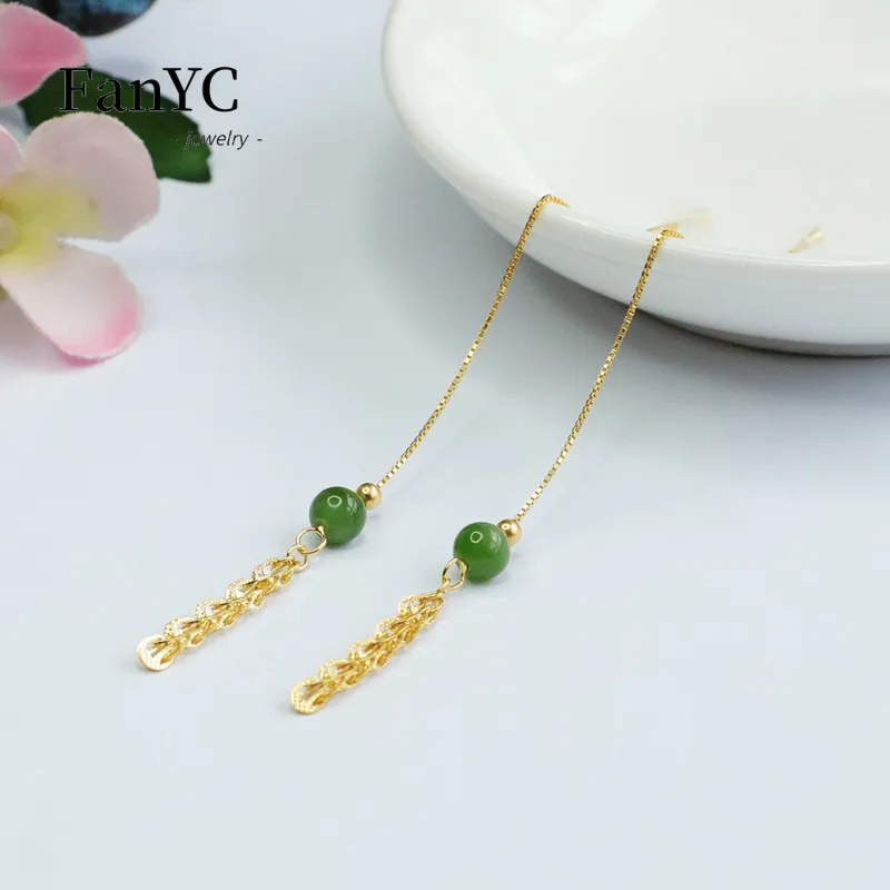 S925 Prata Incrustada Natural Hetian Jade Ear Thread para Mulheres, 18K Ouro Jasper Cauda Gancho, requintado Moda Jóias, Holiday Gift