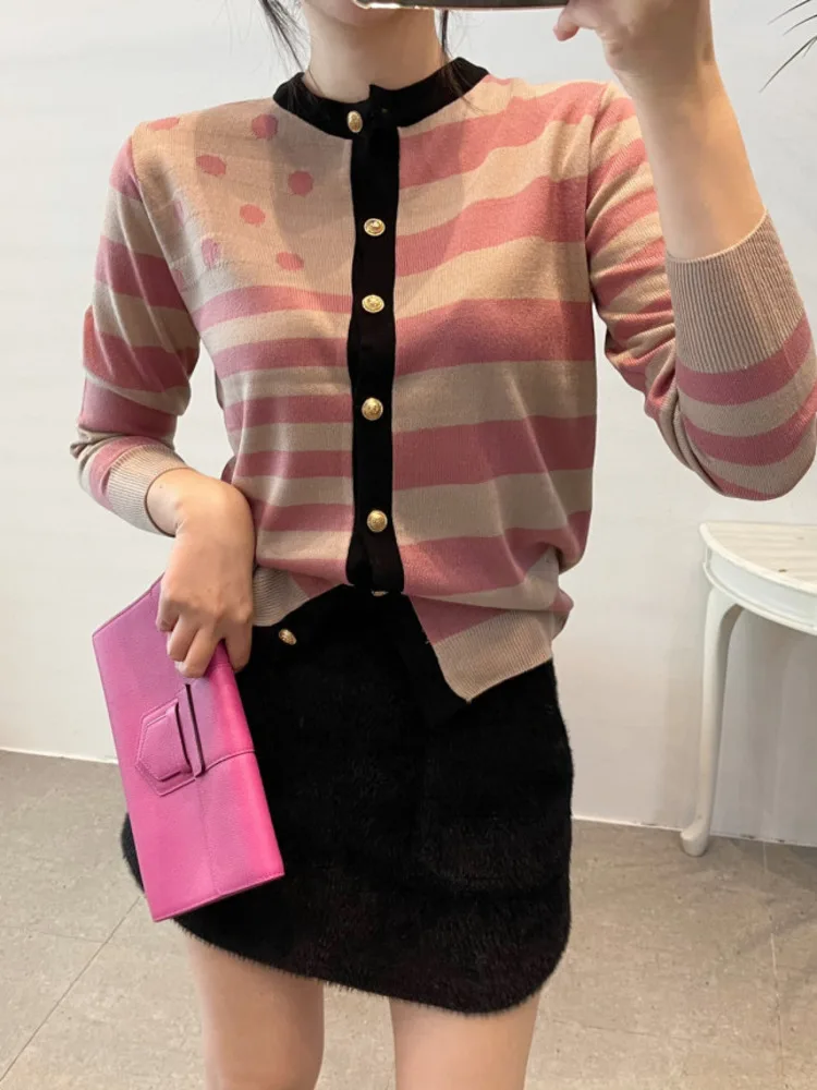 Autumn Striped Dot Knitted Women Cardigan Sweater Long Sleeve O-neck Single-breasted Tops Korean Vintage Elegant Woman Jumpers