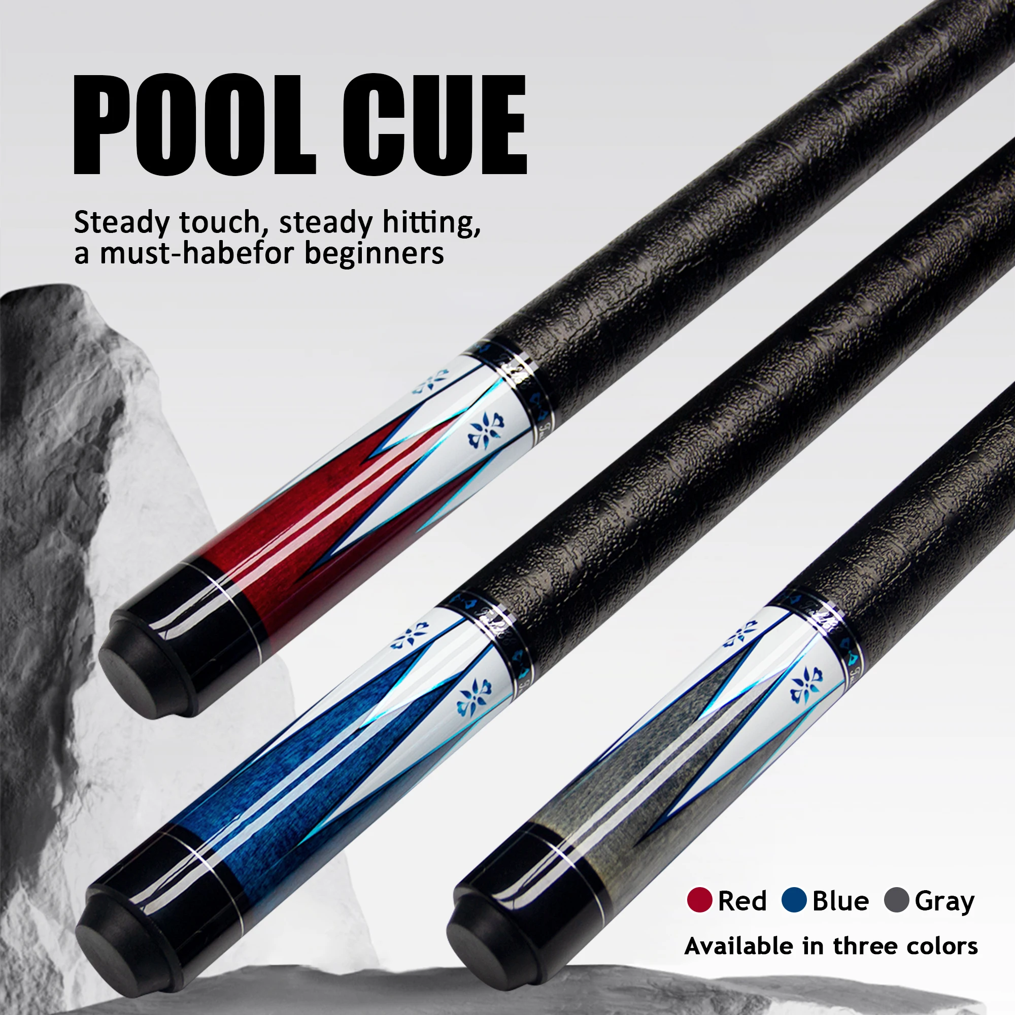 Professional Pool Cue 12.5mm Maple Wood Uni-Loc Joint Multi-Layer Tip – 3 Colors (Red/Blue/Gray) for Beginners & Amateurs