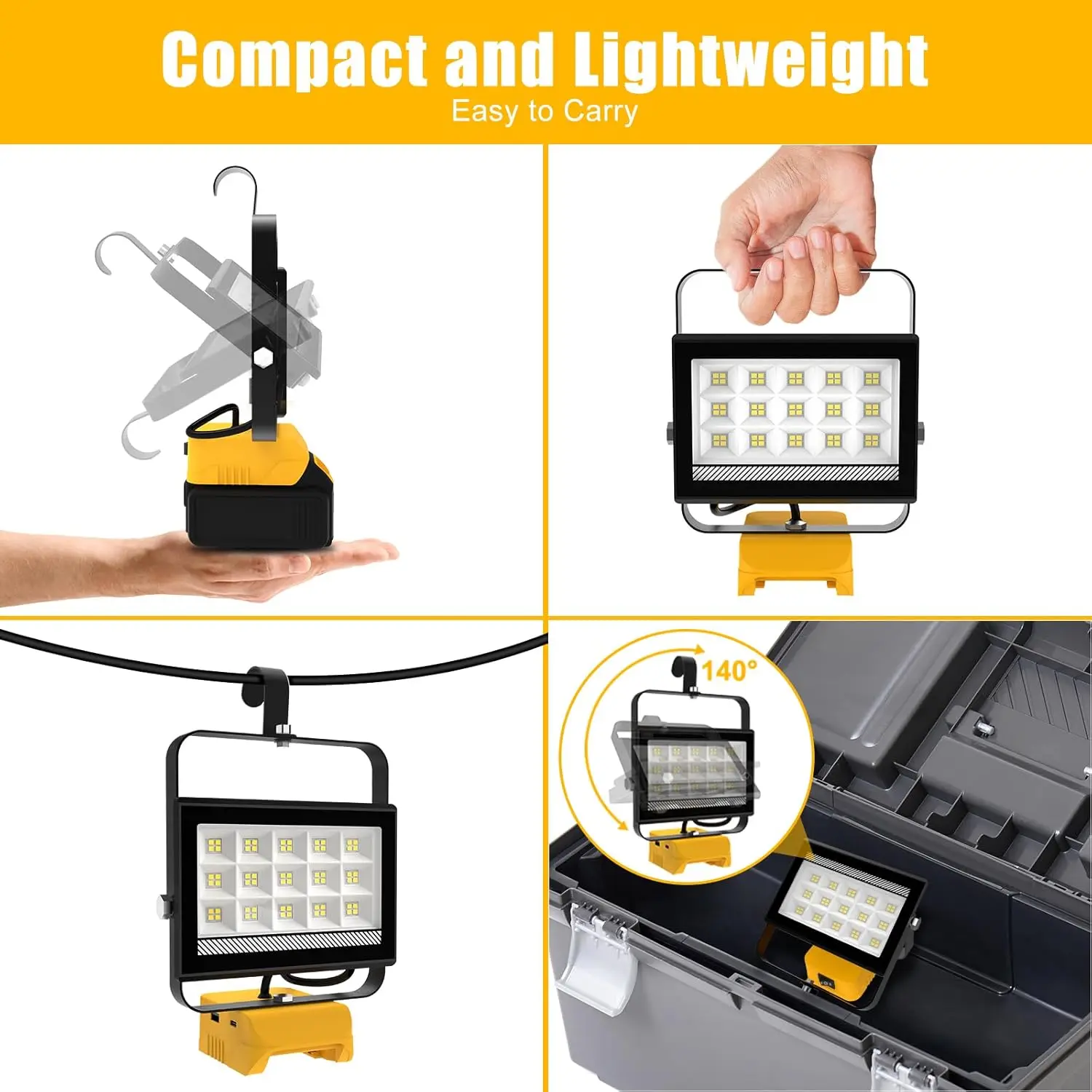 48W/60W/100W Portable LED Work Light Rechargeable LED Flood Light for Dewalt 18V-20V Li-ion Battery Cordless Work Light 6000k
