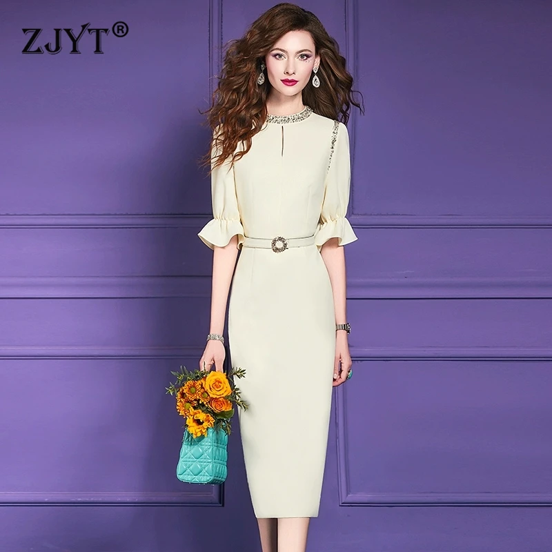 

ZJYT Summer Luxury Elegant Beading Formal Party Dresses for Women 2025 New Fashion Flare Sleeve Plus Size Midi Straight Dress