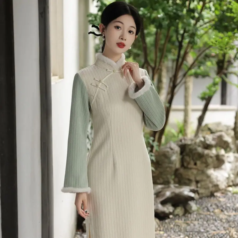 

Yourqipao Off-white Chenille Women Chinese Long-sleeved Cheongsam 2023 Winter Daily Improved Qipao Dresses Hanfu Skirt For Girls