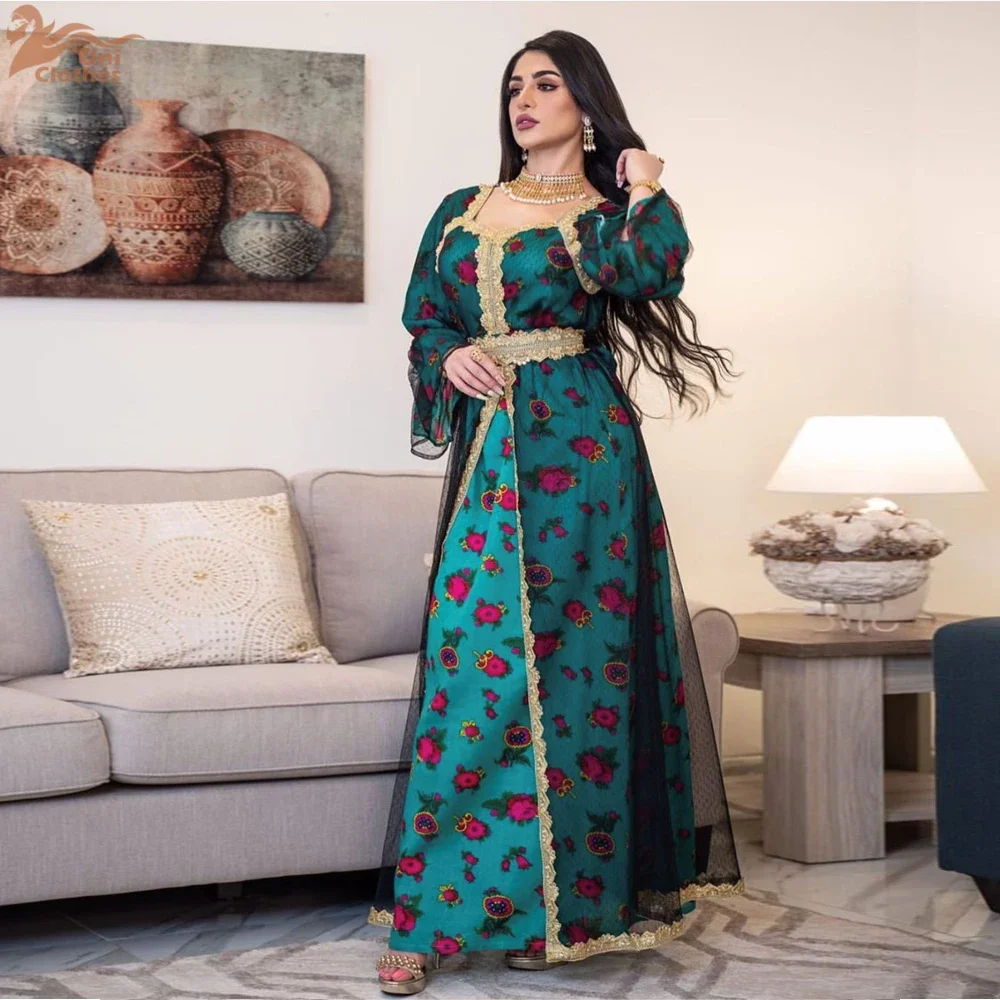 Kaftan dubai luxo impresso bordado guipure renda malha painel com cinto vestido falso duas peças bainha dividida vestido mulher muçulmana ramadan