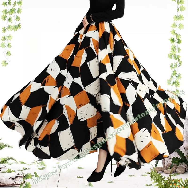 Chiffon geometric pattern long skirt 2024 Summer , 720 degree large hem dance elegant women's skirts ，Woman Long Maxi Skirts