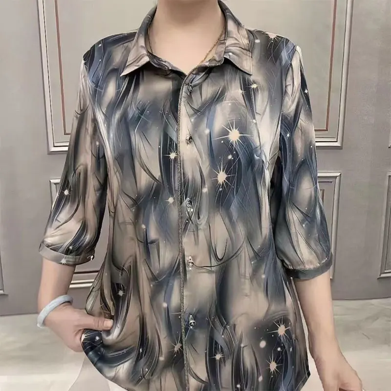 Vintage Printed 3/4 Sleeve Shirt Commute Spring Summer New Turn-down Collar Women\'s Clothing Casual Single-breasted Loose Blouse