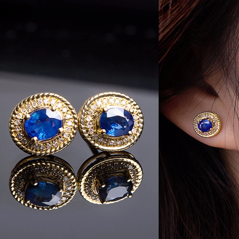 Huitan Temperament Blue Cubic Zirconia Gold Color Stud Earrings for Women Dainty Piercing Accessories Fancy Gift Fashion Jewelry