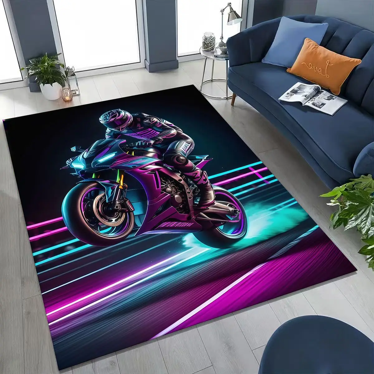 

Personalized Motorcycle Rider Motorbike Art Rug for Bedroom Living Room Sofa Home Doormat Decor,Large kids Non-slip Floor Mat